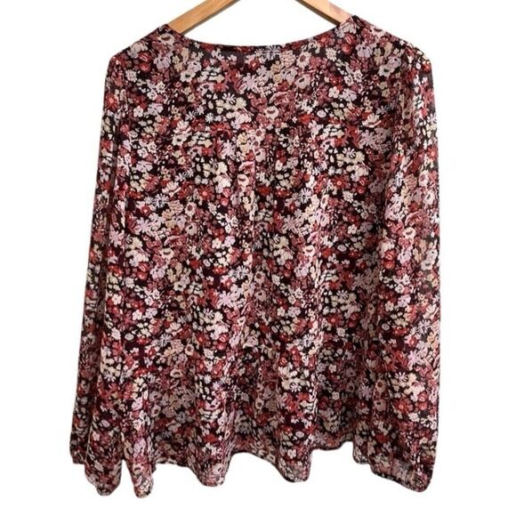 LOFT Burgundy Pink Floral V-Neck Peplum Blouse - Size L - Picture 6 of 14